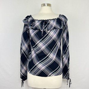 White House Black Market M Top Blouse Navy Lavender Plaid Off Shoulder #H